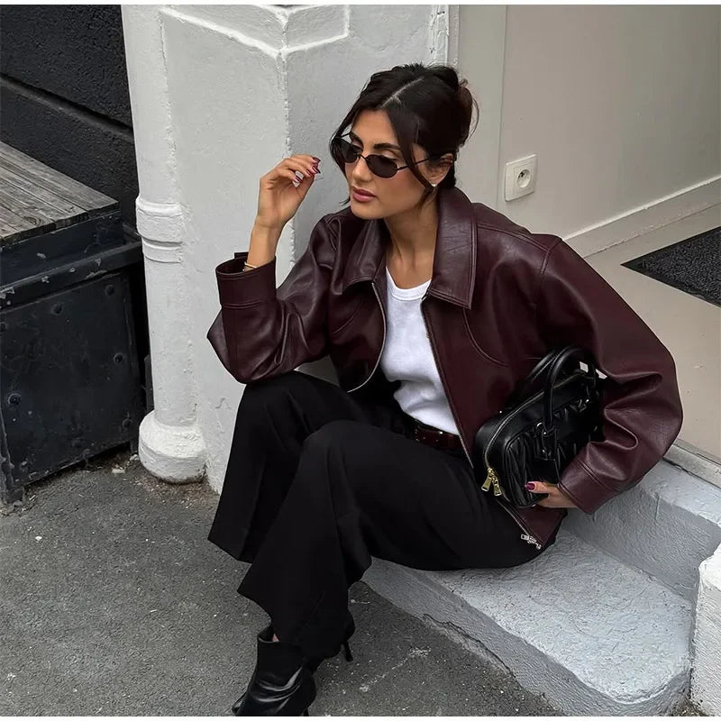 Wine Red Lapel Leather Short Coat Retro