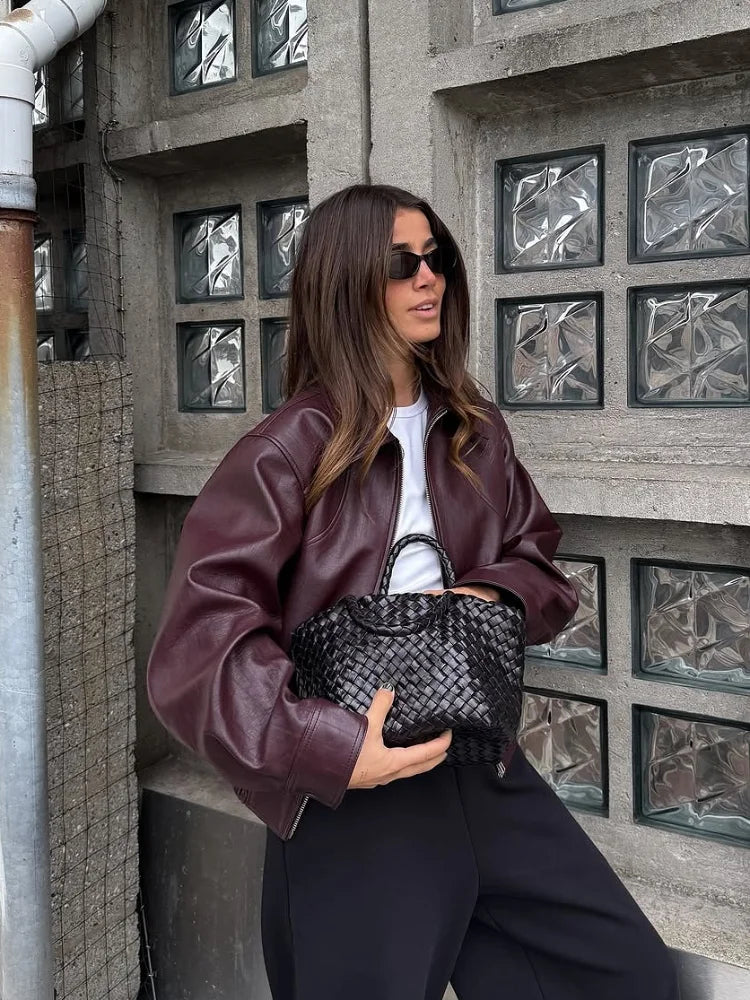 Wine Red Lapel Leather Short Coat Retro