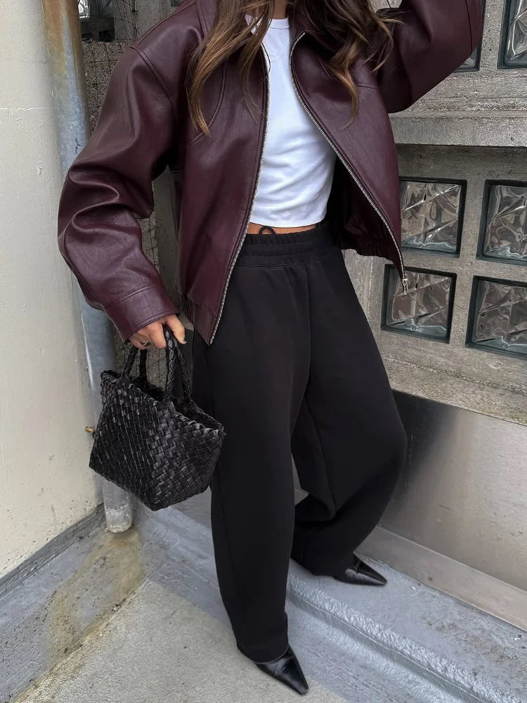 Wine Red Lapel Leather Short Coat Retro